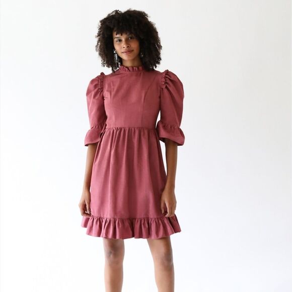 Batsheva Short Sleeve Prairie Dress In Raspberry Morie - Picture 1 of 13